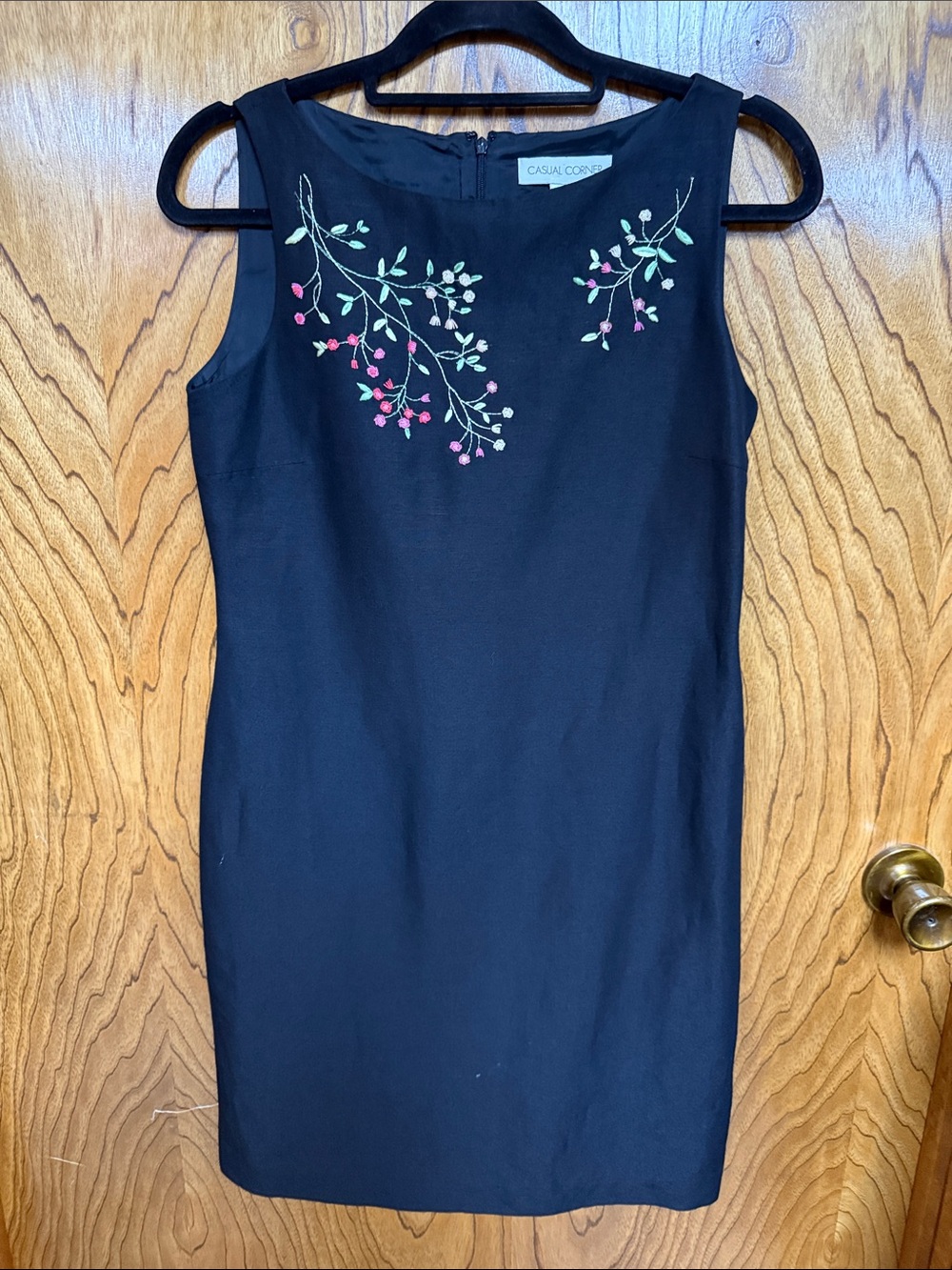Casual Corner Black Sleeveless Shift Dress with Pink & Green Floral Embroidery